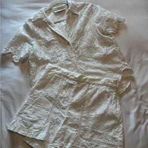 Zara White Eyelet Button-Up Shirt and Shorts Set